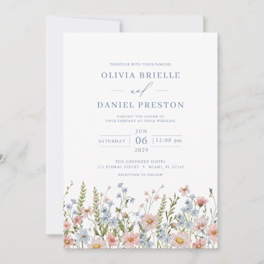 QR Code Dusty Blue Blush Pink Wildflower Wedding Kaart (Voorkant)