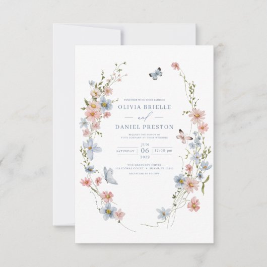 QR Code Dusty Blue Blush Pink Wildflower Wedding Kaart (Voorkant)