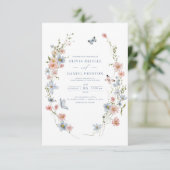 QR Code Dusty Blue Blush Pink Wildflower Wedding Kaart (Staand voorkant)