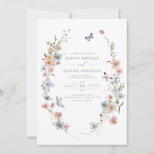 QR Code Dusty Blue Blush Pink Wildflower Wedding Kaart (Voorkant)