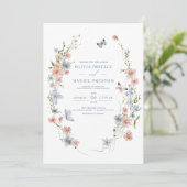 QR Code Dusty Blue Blush Pink Wildflower Wedding Kaart (Staand voorkant)