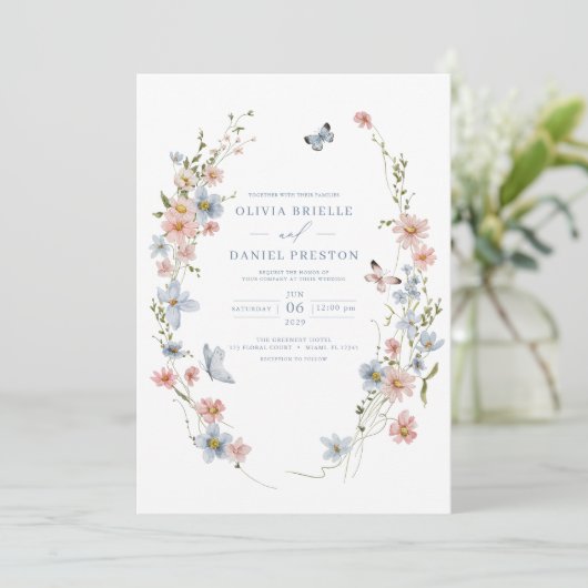 QR Code Dusty Blue Blush Pink Wildflower Wedding Kaart (Staand voorkant)