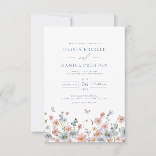 QR Code Dusty Blue Blush Pink Wildflower Wedding Kaart (Voorkant)