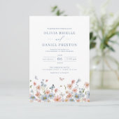 QR Code Dusty Blue Blush Pink Wildflower Wedding Kaart (Staand voorkant)