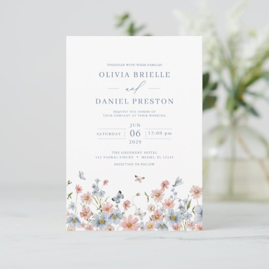 QR Code Dusty Blue Blush Pink Wildflower Wedding Kaart (Staand voorkant)