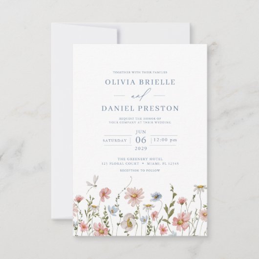 QR Code Dusty Blue Blush Pink Wildflower Wedding Kaart (Voorkant)