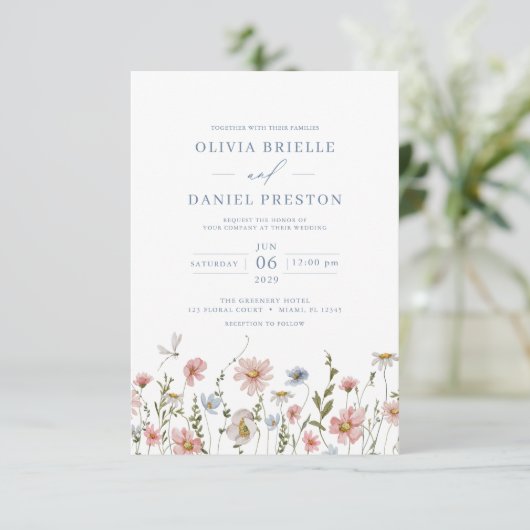 QR Code Dusty Blue Blush Pink Wildflower Wedding Kaart (Staand voorkant)