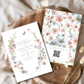 QR Code Dusty Blue Blush Pink Wildflower Wedding Kaart