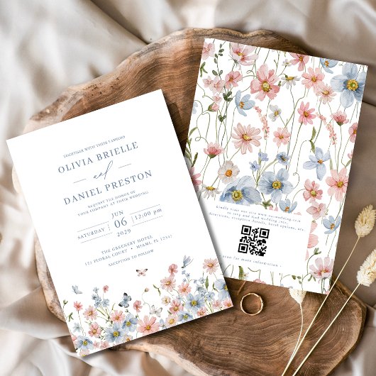 QR Code Dusty Blue Blush Pink Wildflower Wedding Kaart