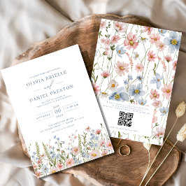 QR Code Dusty Blue Blush Pink Wildflower Wedding Kaart