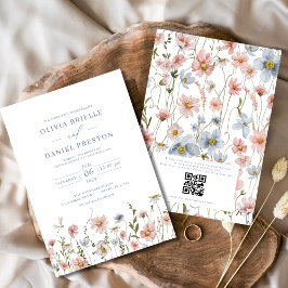 QR Code Dusty Blue Blush Pink Wildflower Wedding Kaart