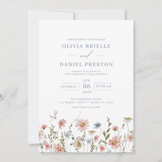 QR Code Dusty Blue Blush Pink Wildflower Wedding Kaart (Voorkant)