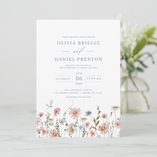QR Code Dusty Blue Blush Pink Wildflower Wedding Kaart (Staand voorkant)