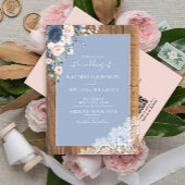 QR Code Dusty Blue Blush Rustic Wood Weddenschap Kaart