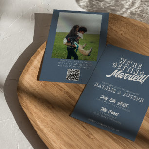 QR-code Dusty Blue Bold Funky Photo Fun Wedding Kaart