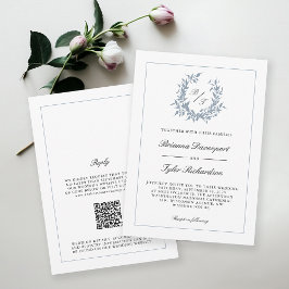 QR Code Dusty Blue Crest Monogram Bruiloft Kaart