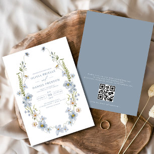 QR-code Dusty Blue Elegant Garden Vintage Wedding Kaart