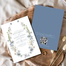 QR-code Dusty Blue Elegant Garden Vintage Wedding Kaart