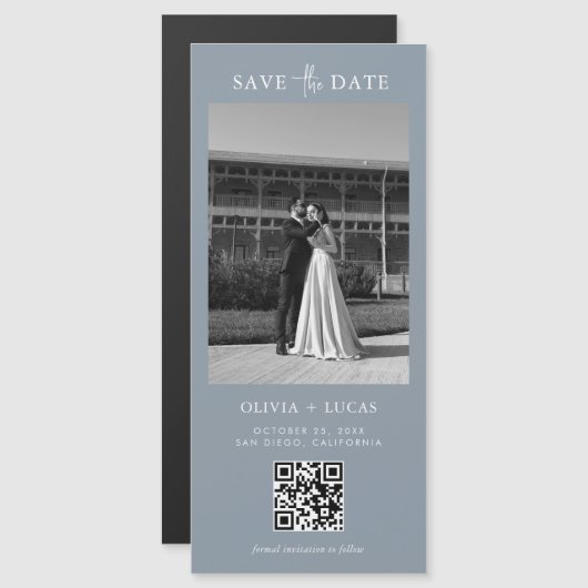 QR-code Dusty Blue Magnetic Wedding Sla de datum o (Voorkant / Achterkant)