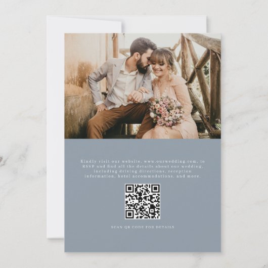 QR-code Dusty Blue Photo Minimalist Wedding Kaart (Achterkant)