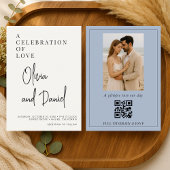 QR Code Dusty Blue Script Photo Wedding Kaart