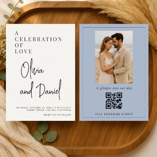 QR Code Dusty Blue Script Photo Wedding Kaart
