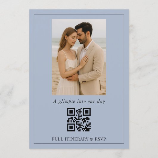 QR Code Dusty Blue Script Photo Wedding Kaart (Achterkant)