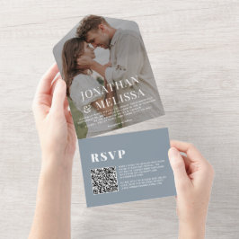 QR-code | Dusty Blue Simple Overlay Photo Wedding All In One Uitnodiging