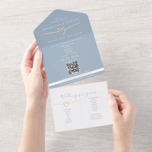 QR Code Dusty Blue Wedding All In One Uitnodiging (Afscheurbaar)