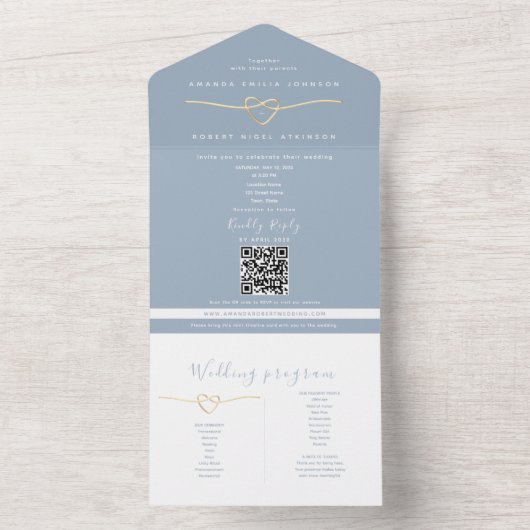 QR Code Dusty Blue Wedding All In One Uitnodiging (Binnen)