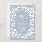 QR Code Dusty Blue White Folk Floral Vrijgezellenf Kaart (Voorkant)