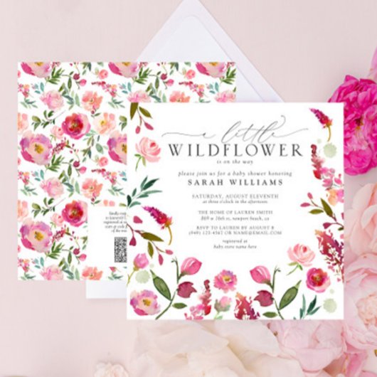 QR Code Een beetje Wildflower Roze Waterverf Douch Kaart