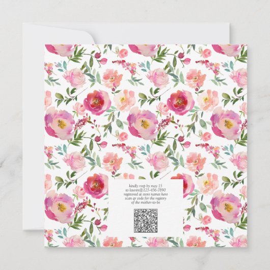 QR Code Een beetje Wildflower Roze Waterverf Douch Kaart (Achterkant)