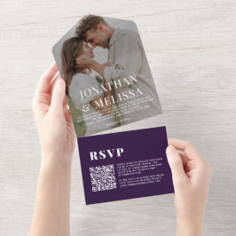 QR-code | Eenvoudig donkerorchidee Paars fotohuwel All In One Uitnodiging