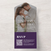 QR-code | Eenvoudig donkerorchidee Paars fotohuwel All In One Uitnodiging (Binnen)