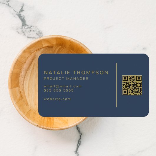 QR Code Eenvoudig Elegant Classy Navy Blauw en Gou Visitekaartje