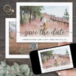 QR Code Eenvoudig handgeschreven script 2 Fotohuwe Save The Date<br><div class="desc">Kondig het vreugdevolle nieuws van uw verloving en aankomende bruiloft aan met een unieke aangepaste foto om de datumuitnodigingen op te slaan. De 2 afbeeldingen, scannable QR-code en alle bewoordingen op deze sjabloon zijn eenvoudig te personaliseren, inclusief scriptoverlay die kan worden gewijzigd om "onze datum op te slaan". (AFBEELDING PLACEMENT...</div>