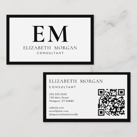QR Code Eenvoudig Modern Zwart Wit Monogram Visitekaartje (Voorkant / Achterkant)