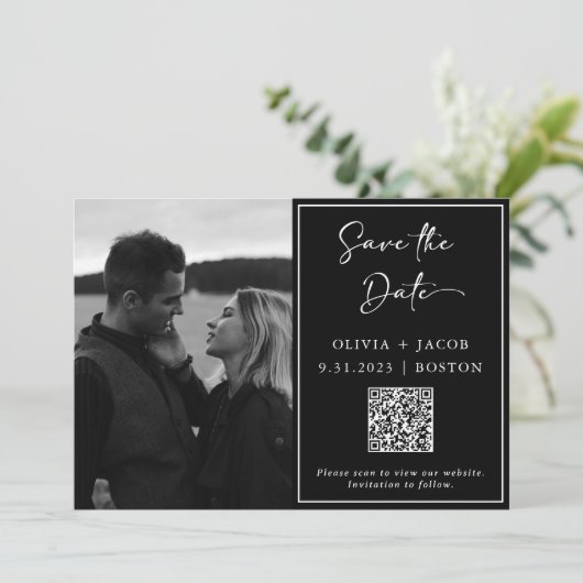 QR-code | Eenvoudige en moderne foto Save the Date Kaart (Staand voorkant)