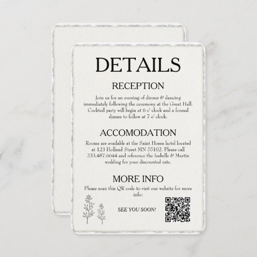 QR Code Eenvoudige Moderne Faux Deckled Edge Weddi Informatiekaartje (Voorkant / Achterkant)