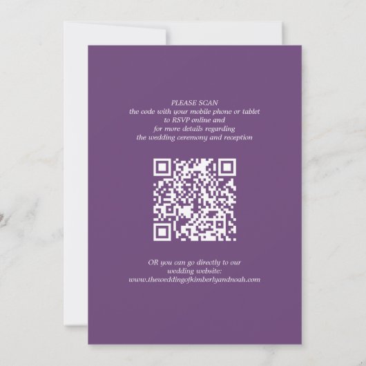 QR code eenvoudige namen script paarse bruiloft Kaart (Achterkant)