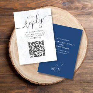 QR Code Eenvoudige RSVP Online Elegant Blauw Bloem Informatiekaartje