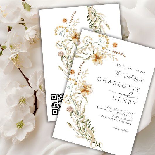 QR Code Eenvoudige Wildflowers Tuin bruiloft Kaart