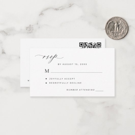 QR code eenvoudige zwart-wit bruiloft RSVP Notitiekaartje (Voorkant / Achterkant in situ)
