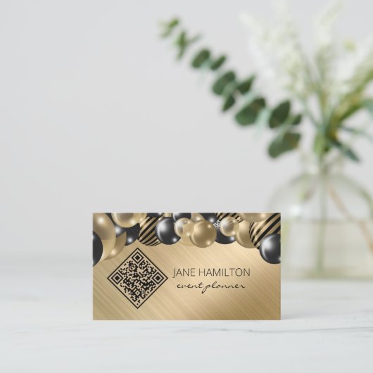 QR Code Elegant Balloons Gold Visitekaartje (Staand voorkant)