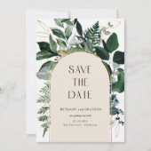 QR-code, Elegant beige Botanisch Bladgroen Bruilof Save The Date (Voorkant)