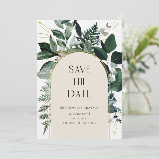 QR-code, Elegant beige Botanisch Bladgroen Bruilof Save The Date (Staand voorkant)