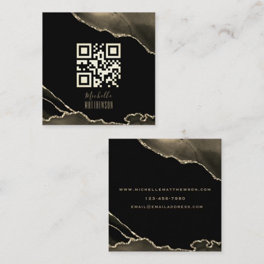 QR-code Elegant Black Gold Agate Social Media Vierkante Visitekaartje (Voorkant / Achterkant)