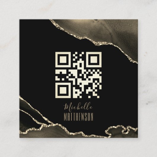 QR-code Elegant Black Gold Agate Social Media Vierkante Visitekaartje (Voorkant)
