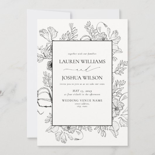 QR-code Elegant Black White Floral Line Art Kaart (Voorkant)